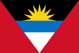 The flag of Antigua and Barbuda has a red field with an inverted isosceles triangle based on the top edge and spanning the height of the field. This triangle has three horizontal bands of black, light blue and white, with the light blue band half the height of the two other bands. The top half of a golden-yellow sun is situated in the lower two-third of the black band to depict a rising sun.