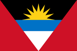 The flag of Antigua and Barbuda has a red field with an inverted isosceles triangle based on the top edge and spanning the height of the field. This triangle has three horizontal bands of black, light blue and white, with the light blue band half the height of the two other bands. The top half of a golden-yellow sun is situated in the lower two-third of the black band to depict a rising sun.