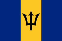 The flag of Barbados is composed of three equal vertical bands of ultramarine, gold and ultramarine. The head of a black trident is centered in the gold band.