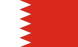The flag of Bahrain has a red field. On the hoist side, it features a white vertical band that spans about one-third the width of the field and is separated from the rest of the field by five adjoining fly-side pointing white isosceles triangles that serve as a serrated line.