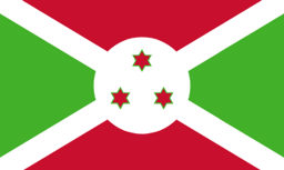The flag of Burundi is divided by a white diagonal cross into four alternating triangular areas of red at the top and bottom, and green on the hoist and fly sides. A white circle, with three green-edged red six-pointed stars arranged to form a triangle, is superimposed at the center of the cross.
