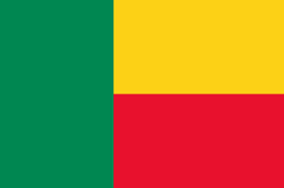 The flag of Benin features a green vertical band on its hoist side that takes up about two-fifth the width of the field and two equal horizontal bands of yellow and red adjoining the vertical band.
