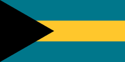 The flag of the Bahamas is composed of three equal horizontal bands of aquamarine, yellow and aquamarine, with a black equilateral triangle superimposed on the hoist side of the field. This triangle has its base on the hoist end and spans about one-third the width of the field.