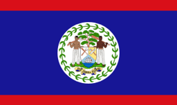 The flag of Belize has a royal blue field with a thin red horizontal band at the top and bottom of the field and the national coat of arms in the center.