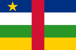 The flag of Central African Republic is composed of four equal horizontal bands of blue, white, green and yellow intersected at the center by a vertical red band of equal size as the horizontal bands. A yellow five-pointed star is situated on the hoist side of the blue band.