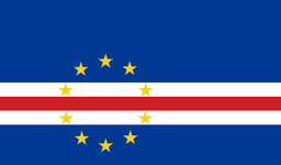 The flag of Cape Verde is composed of five horizontal bands of blue, white, red, white and blue in the ratio of 6:1:1:1:3. A ring of ten five-pointed yellow stars is centered at three-eighth of the height from the bottom edge and three-eighth of the width from the hoist end of the field.