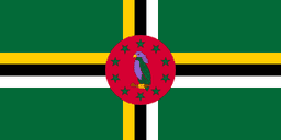 The flag of Dominica has a green field with a large centered tricolor cross. The vertical and horizontal parts of the cross each comprise three bands of yellow, black and white. A red circle, bearing a hoist-side facing purple Sisserou parrot standing on a twig and encircled by ten five-pointed yellow-edged green stars, is superimposed at the center of the cross.