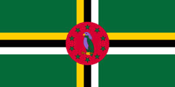 The flag of Dominica has a green field with a large centered tricolor cross. The vertical and horizontal parts of the cross each comprise three bands of yellow, black and white. A red circle, bearing a hoist-side facing purple Sisserou parrot standing on a twig and encircled by ten five-pointed yellow-edged green stars, is superimposed at the center of the cross.