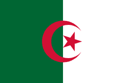 The flag of Algeria features two equal vertical bands of green and white. A five-pointed red star within a fly-side facing red crescent is centered over the two-color boundary.