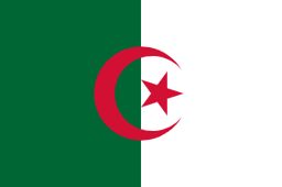 The flag of Algeria features two equal vertical bands of green and white. A five-pointed red star within a fly-side facing red crescent is centered over the two-color boundary.