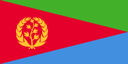 The flag of Eritrea comprises three triangles — a large red isosceles triangle with its base spanning the hoist end and its apex at the midpoint on the fly end, and a green and blue right-angled triangle above and beneath the red triangle. On the hoist side of the red triangle is a golden vertical olive branch encircled by a golden olive wreath.