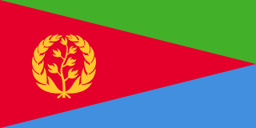 The flag of Eritrea comprises three triangles — a large red isosceles triangle with its base spanning the hoist end and its apex at the midpoint on the fly end, and a green and blue right-angled triangle above and beneath the red triangle. On the hoist side of the red triangle is a golden vertical olive branch encircled by a golden olive wreath.