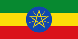 The flag of Ethiopia is composed of three equal horizontal bands of green, yellow and red, with the national emblem superimposed at the center of the field. The national emblem comprises a light blue circle bearing a golden-yellow pentagram with single yellow rays emanating from the angles between the points of the pentagram.