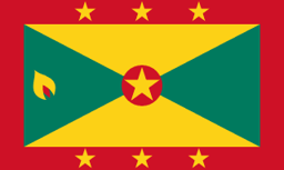 The flag of Grenada features a large central rectangular area surrounded by a red border, with three five-pointed yellow stars centered on the top and bottom borders. The central rectangle is divided diagonally into four alternating triangular areas of yellow at the top and bottom and green on the hoist and fly sides, and a five-pointed yellow star on a red circle is superimposed at its center. A symbolic nutmeg pod is situated on the green hoist-side triangle.