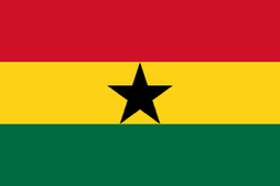 The flag of Ghana is composed of three equal horizontal bands of red, gold and green, with a five-pointed black star centered in the gold band.