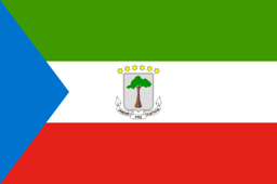 The flag of Equatorial Guinea is composed of three equal horizontal bands of green, white and red with the national coat of arms centered in the white band and an isosceles triangle superimposed on the hoist side of the field. The triangle is light blue, has its base on the hoist end and spans about one-fifth the width of the field.