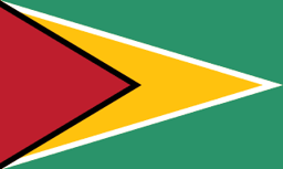 The flag of Guyana has a green field with two isosceles triangles which share a common base on the hoist end. The smaller black-edged red triangle spanning half the width of the field is superimposed on the larger white-edged yellow triangle which spans the full width of the field.
