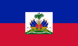 The flag of Haiti is composed of two equal horizontal bands of blue and red. A white square bearing the national coat of arms is superimposed at the center of the field.