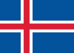 The flag of Iceland has a blue field with a large white-edged red cross that extends to the edges of the field. The vertical part of this cross is offset towards the hoist side.