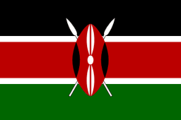 The flag of Kenya is composed of three equal horizontal bands of black, red with white top and bottom edges, and green. An emblem comprising a red, black and white Maasai shield covering two crossed white spears is superimposed at the center of the field.