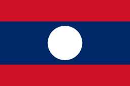 The flag of Laos is composed of three horizontal bands of red, blue and red. The blue band is twice the height of the red bands and bears a white circle at its center.