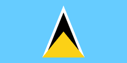 The flag of Saint Lucia has a light blue field, at the center of which are two triangles which share a common base — a small golden-yellow isosceles triangle superimposed on a large white-edged black isosceles triangle.
