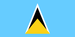 The flag of Saint Lucia has a light blue field, at the center of which are two triangles which share a common base — a small golden-yellow isosceles triangle superimposed on a large white-edged black isosceles triangle.