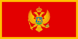 The flag of Montenegro features a large red central rectangular area surrounded by a golden-yellow border. The coat of arms of Montenegro is centered in the red rectangle.