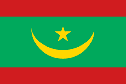 The flag of Mauritania has a green field with a thin red horizontal band at the top and bottom of the field. At the center of the field is a five-pointed yellow star above an upward facing yellow crescent.