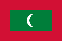 The flag of Maldives has a red field, at the center of which is a large green rectangle bearing a fly-side facing white crescent.