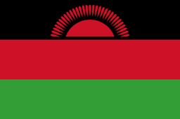 The flag of Malawi is composed of three equal horizontal bands of black, red and green. The top half of a red sun with thirty-one visible rays is centered in the black band.