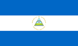 The flag of Nicaragua is composed of three equal horizontal bands of blue, white and blue, with the national coat of arms centered in the white band.
