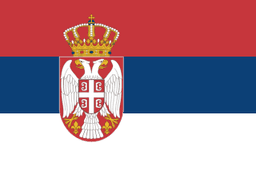 The flag of Serbia is composed of three equal horizontal bands of red, blue and white. The coat of arms of Serbia is superimposed at the center of the field slightly towards the hoist side.