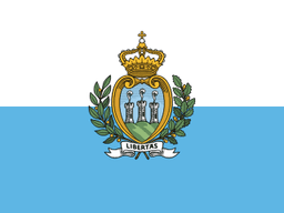 The flag of San Marino is composed of two equal horizontal bands of white and light blue, with the national coat of arms superimposed in the center.