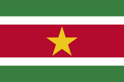 The flag of Suriname is composed of five horizontal bands of green, white, red, white and green in the ratio of 2:1:4:1:2. A large five-pointed yellow star is centered in the red band.