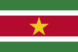 The flag of Suriname is composed of five horizontal bands of green, white, red, white and green in the ratio of 2:1:4:1:2. A large five-pointed yellow star is centered in the red band.