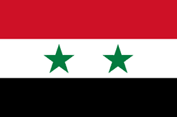 The flag of Syria is composed of three equal horizontal bands of red, white and black. At the center of the white band are two small five-pointed green stars arranged in a horizontal line.