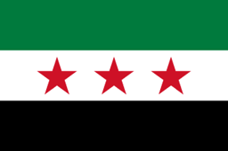 The flag of Syria is composed of three equal horizontal bands of red, white and black. At the center of the white band are two small five-pointed green stars arranged in a horizontal line.