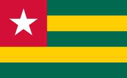 The flag of Togo is composed of five equal horizontal bands of green alternating with yellow. A red square bearing a five-pointed white star is superimposed in the canton.