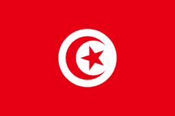 The flag of Tunisia has a red field. A white circle bearing a five-pointed red star within a fly-side facing red crescent is situated at the center of the field.