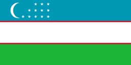 The flag of Uzbekistan is composed of three equal horizontal bands of turquoise, white with red top and bottom edges, and green. On the hoist side of the turquoise band is a fly-side facing white crescent and twelve five-pointed white stars arranged just outside the crescent opening in three rows comprising three, four and five stars.
