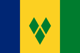 The flag of Saint Vincent and the Grenadines is composed of three vertical bands of blue, gold and green. The gold band is twice as wide as the other two bands and bears three green diamonds arranged to form the letter V at its center.