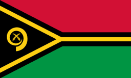 The flag of Vanuatu is composed of two equal horizontal bands of red and green, with a black isosceles triangle superimposed on the hoist side of the field. This triangle has its base on the hoist end, spans about two-fifth the width of the field and is enclosed on its sides by the arms of a thin black-edged yellow horizontally oriented Y-shaped band which extends along the boundary of the red and green bands to the fly end of the field. A yellow boar's tusk encircling two yellow crossed namele leaves is centered in the triangle.