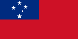 The flag of Samoa has a red field. A blue rectangle, bearing a representation of the Southern Cross made up of five large and one smaller five-pointed white stars, is superimposed in the canton.